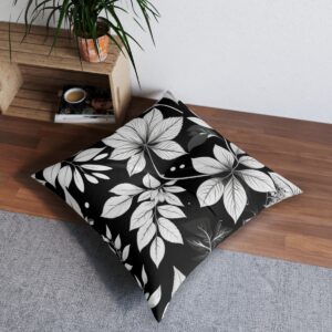 Modern abstract monochrome leaves tufted floor pillow on wooden floor