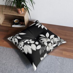 Chic abstract monochrome foliage tufted floor pillow in contemporary space