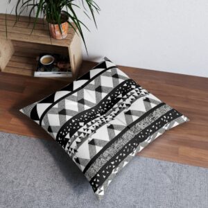 Contemporary geometric motif tufted floor pillow in living space