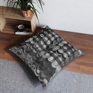 Collection of perfect circles with distinct monochrome patterns on tufted floor pillow