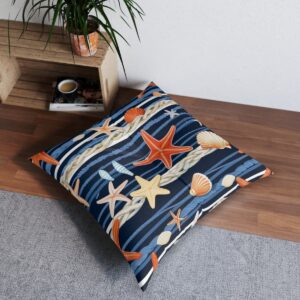 Maritime mosaic tufted floor pillow with starfish and seashells design