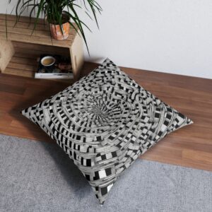 Tufted floor pillow with hypnotic black square spiral pattern on white background