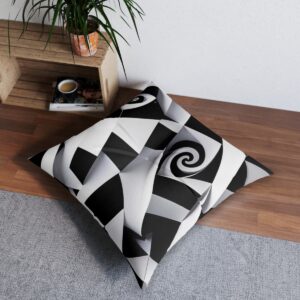 Black squares creating an elegant spiral on a white tufted floor pillow