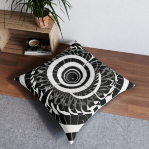 Tufted floor pillow with mesmerizing black and white spiral pattern