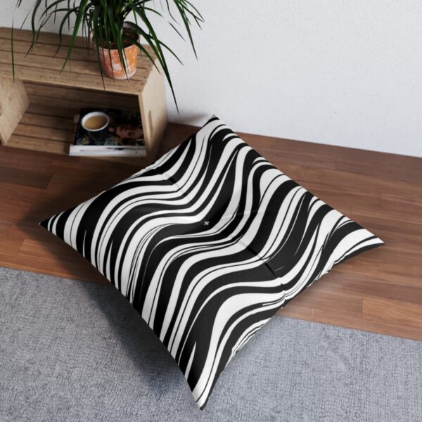 Dynamic black and white wave stripe pattern tufted floor pillow