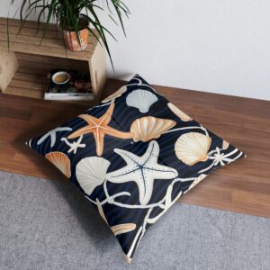 Shore serenity tufted floor pillow with starfish and seashells pattern on navy and white stripes