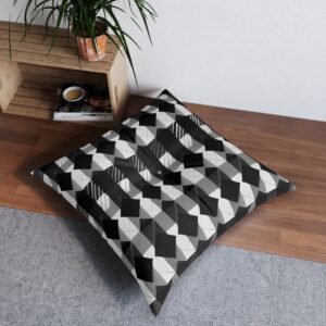 Tufted floor pillow with captivating woven effect of monochrome parallelograms