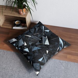 Modern art tufted floor pillow with monochrome shattered glass pattern