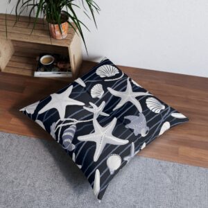 Ocean essence tufted floor pillow with starfish and seashells pattern on navy and white stripes