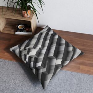 Gray 3D cube pattern tufted floor pillow in a modern room