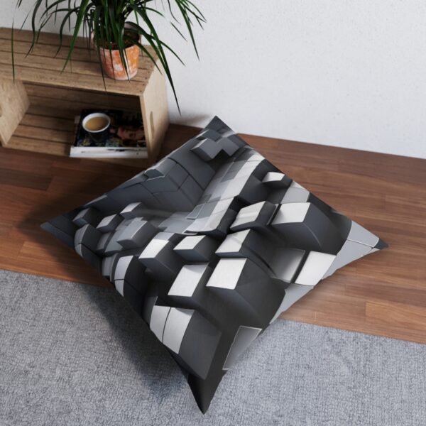 Shadow cube tufted floor pillow with three-dimensional gray pattern