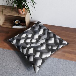 Cubic illusion tufted floor pillow with grayscale popping cubes