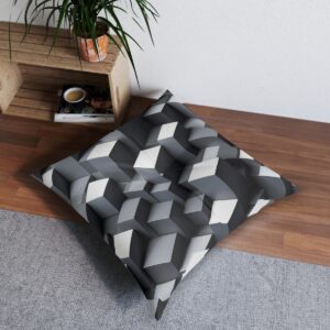 Optical cube tufted floor pillow with three-dimensional gray cube pattern