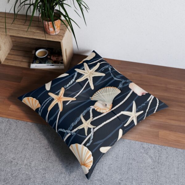 Sea treasures tufted floor pillow with starfish and seashells pattern on navy and white stripes