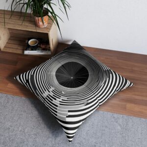 Monochrome mirage tufted floor pillow with black and white op-art design