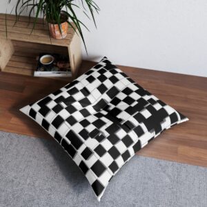 Checkerboard chic tufted floor pillow with a playful black and white grid