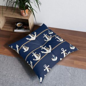 Anchors aweigh tufted floor pillow with sailor stripe and anchor pattern