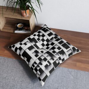 Optical check tufted floor pillow with black and white grid pattern