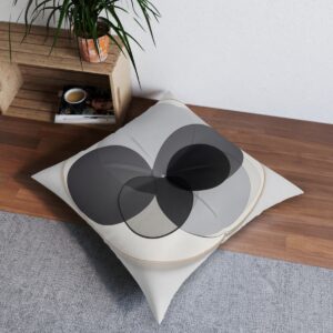 Contemporary eclipse motif tufted floor pillow with gradient gray circles