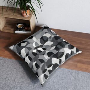 Geometric harmony tufted floor pillow with overlapping circles in grayscale