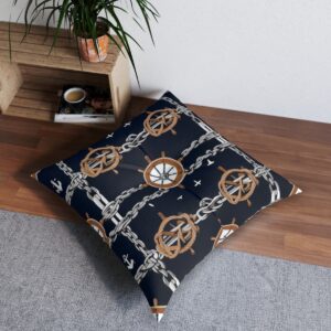 Comfort steering tufted floor pillow with anchor chains and ship's wheels on dark blue stripes