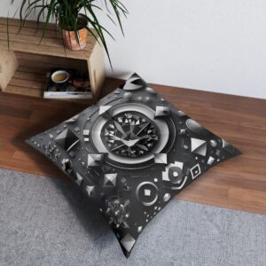 Tufted floor pillow with complex design of geometric shapes in grayscale