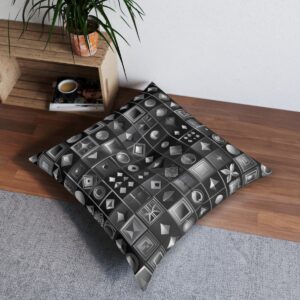 Tufted floor pillow with array of geometric patterns in grayscale