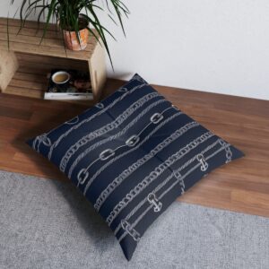 Voyage of style tufted floor pillow with anchor chains juxtaposed on dark blue stripes