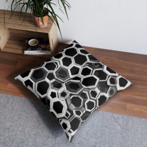 Tufted floor pillow with distinctive hexagonal pattern in black and gray