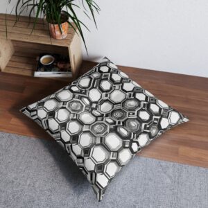 Monochrome hexagon-patterned tufted floor pillow