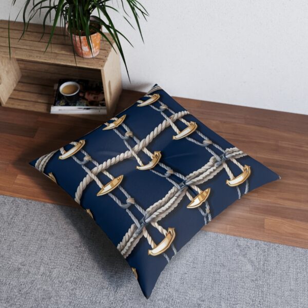 Mariner's life tufted floor pillow with anchor chains and deep blue stripes