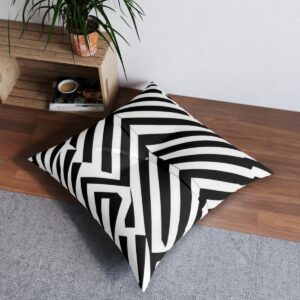 Tufted floor pillow with striking black and white chevron pattern