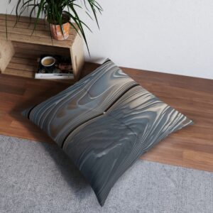 Silvered stratum floor pillow with subtle sheen wood grain pattern