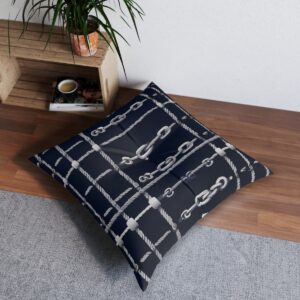 Cozy anchor chains motif tufted floor pillow with dark blue stripes