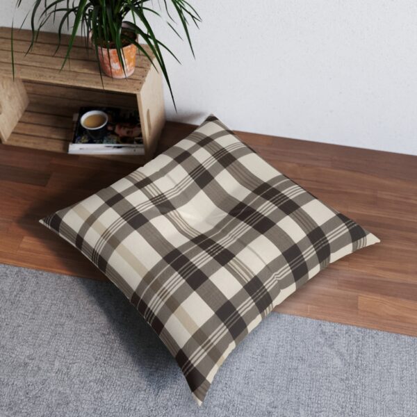 Earth tone plaid floor pillow in beige and brown