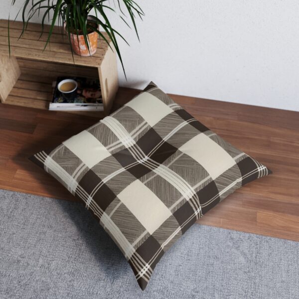 Modern plaid floor cushion with chic espresso, taupe, and ivory pattern