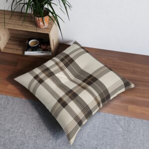 Understated elegance tufted floor pillow in neutral plaid