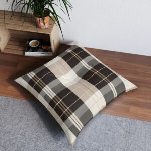 Timeless plaid design tufted floor pillow in espresso and cream