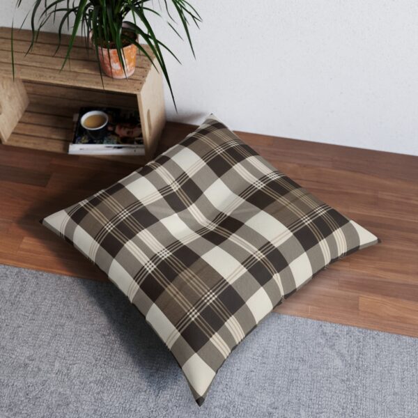 Chic countryside vibe tufted floor pillow with espresso and cream plaid