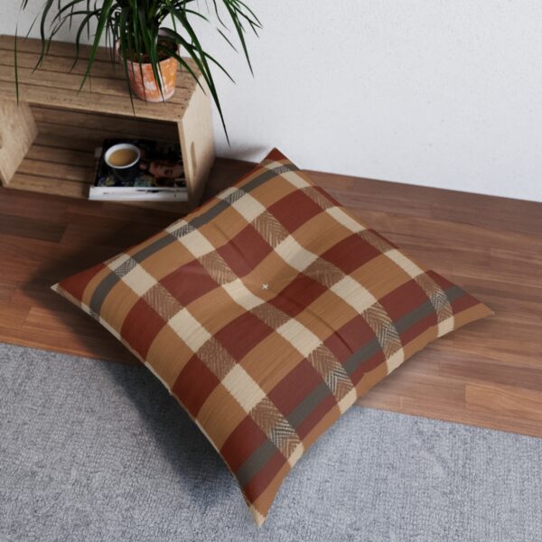 Rustic elegance burnt orange and taupe plaid tufted floor pillow