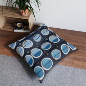 Nautical charm tufted floor pillow with portholes revealing sea views and navy stripe pattern