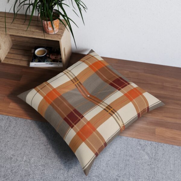 Harvest orange and beige plaid tufted floor pillow