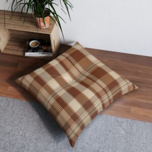 Cozy plaid pattern tufted floor pillow with cinnamon and sand tones