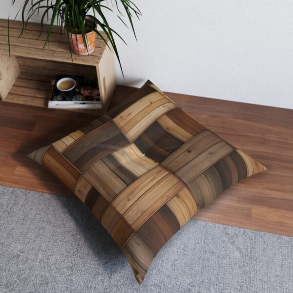 Unique wood inlay design tufted floor pillow