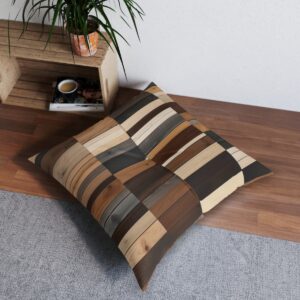 Artisanal geometric wood inlay tufted floor pillow