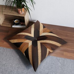 Starburst pattern tufted floor pillow in wood tones