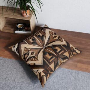 Geometric pattern tufted floor pillow in a room