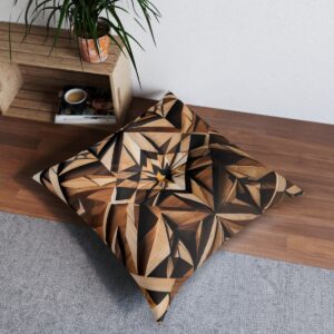 Tufted floor pillow with stunning wood inlay-inspired geometric design