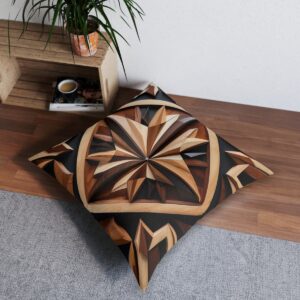 Tufted floor pillow with intricate wood inlay geometric pattern