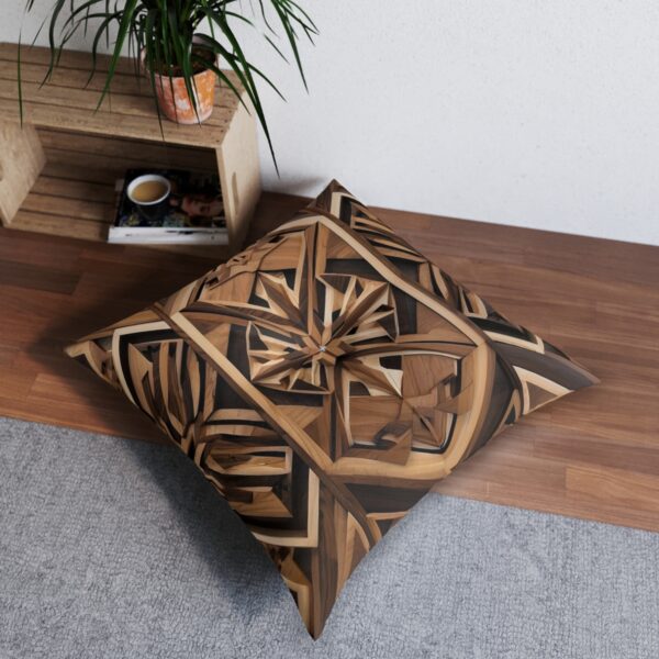 Tufted floor pillow with detailed wood inlay geometric design